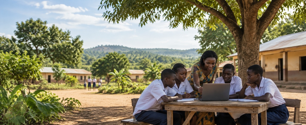 École rurale et séance numérique sous l’arbre à Agbélouvé, Togo